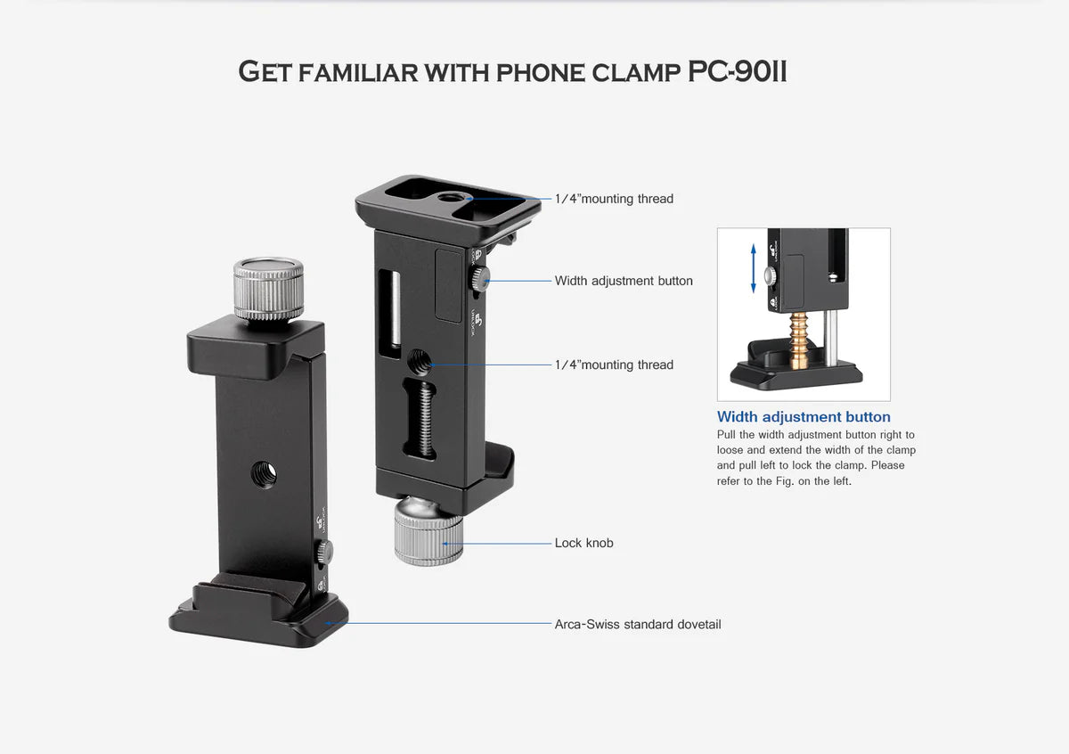 Leofoto PC-90II Adjustable Smartphone Clamp with Locking Width and Arca-Compatible Base