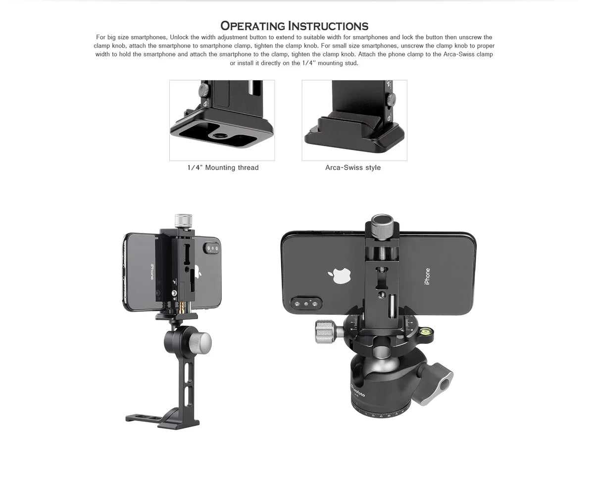 Leofoto PC-90II Adjustable Smartphone Clamp with Locking Width and Arca-Compatible Base